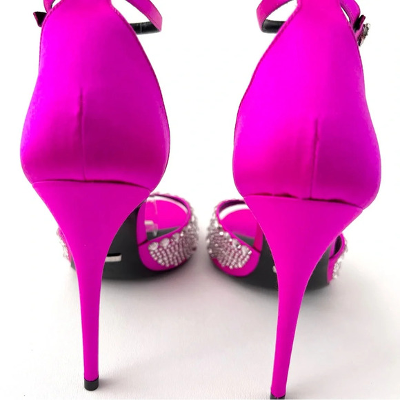 NEW GUCCI Crystal GG Embellished Hot Pink Fuchsia Satin Heel Sandal Ankle Strap - Picture 10 of 16